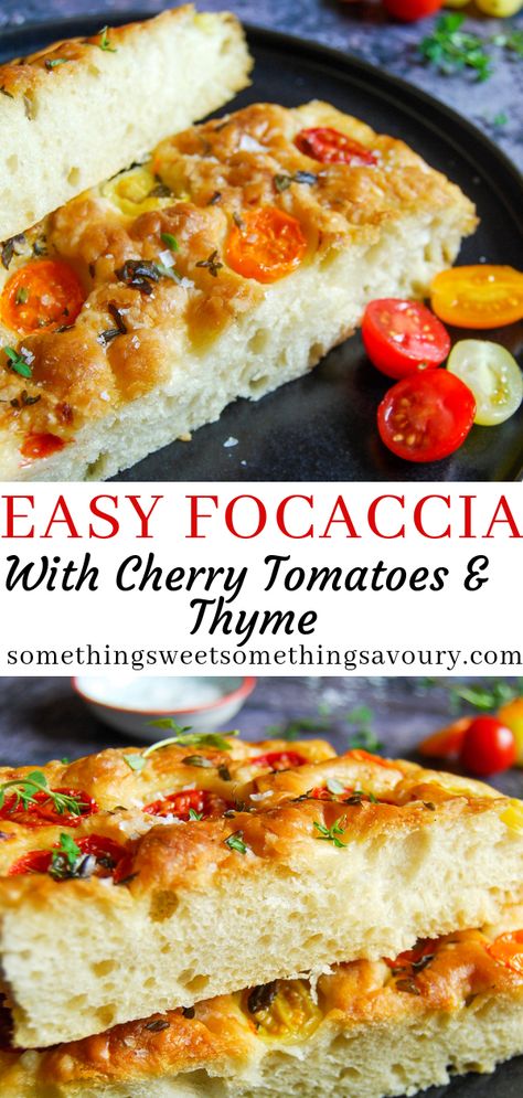 Foccacia Bread No Mixer, Foccacia Bread Tomato, Tomato Foccacia Bread, Foccacia Bread Toppings, Foccacia Bread Recipes, Thyme Bread, Focaccia Recipes, Bannock Bread, Easy Focaccia Bread