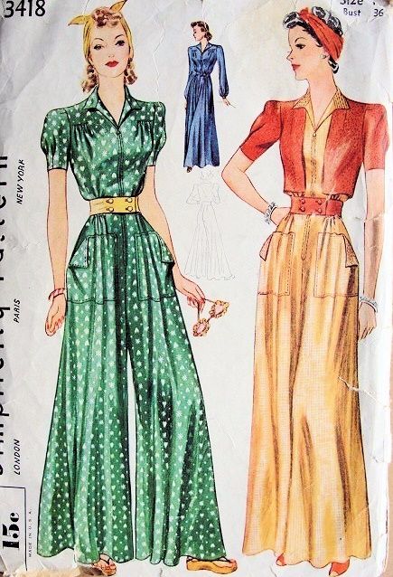 Simplicity 3418 Misses' Pajamas and bolero 1930s Jumpsuit, Loungewear Patterns, Jumpsuit Palazzo, 40s Mode, Pattern Jumpsuit, Jumpsuit Pattern Sewing, Patron Vintage, Fashion 1940s, Scale Pattern