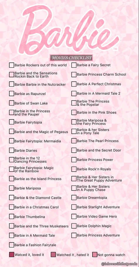 Girly Movies List, Anime Bucket List To Watch, Barbie Movie Challenge, Barbie Movies To Watch, Barbie Movies List In Order, Barbie Movie Marathon Aesthetic, Movies Marathon List, Barbie Watch List, Disney Checklist Movie