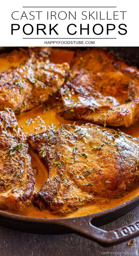 Skillet pork chops are so easy to make. They can be enjoyed with or without the creamy mustard sauce. For their quick cooking time, these cast iron pork chops are perfect for weeknight dinners. Pork Chops In The Oven Cast Iron Skillet, Campfire Pork Chops, Pork Chops In A Cast Iron Skillet, Pork Chops Cast Iron Skillet Oven, Pork Chop Recipes Cast Iron Skillets, Easy Cast Iron Skillet Recipes Dinners, Cooking With Cast Iron Skillet, Pork Chop Skillet Recipes, Pork Chop Cast Iron