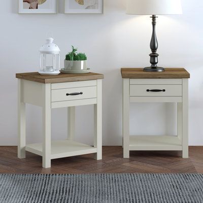 This Modern Farmhouse single drawer nightstand by Hillsdale Living Essentials pays respect to the architectural elements of farmhouse spaces and adds clean, straight lines that can springboard this piece into any home design style. Featuring a beadboard design and stylish black handles, this table is composed of manufactured wood, smooth metal glides, durable laminates, and will be a convenient while modish storage piece for your nighttime essentials. Sold as a set of 2. Assembly required. Color White Oak Bedside Table, Farmhouse Bedside Table, Light Wood Bed, Narrow Nightstand, Bedroom Nightstands, Farmhouse Nightstand, Pink Bedroom Design, Small Nightstand, Matching Nightstands