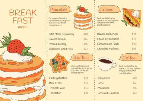 Menú de desayuno en panadería con dibujos de tortitas, crepes y gofres Cute Food Menu Art, Breakfast Menu Design Ideas, Food Menu Design Ideas Layout, Food Menu Design Layout, Cute Menu Design, Menu Layout Design, Food Menu Design Ideas, Breakfast Menu Ideas, Menu Design Ideas Templates