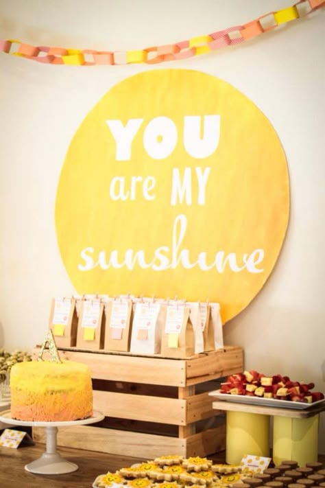 First Birthday You Are My Sunshine Theme, You Are My Sunshine One Year Old Party, Sunshine Table Decorations, You Are My Sunshine Backdrop, My Little Sunshine 1st Birthday, You Are My Sunshine Birthday Party Boy, Here Comes The Sun Dessert Table, You Are My Sunshine First Birthday, Sunshine Dessert Table