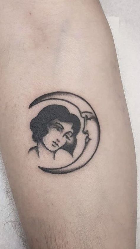 #tattooart #tattooedwomen #tattoomoodboard Patch Work Traditional Tattoo Sleeve, Traditional Inspired Tattoos, 1920s Woman Tattoo, American Traditional Tiny Tattoo, Vintage Looking Tattoos, American Traditional Moon Tattoo, Man In The Moon Tattoo, Salvador Dali Tattoo Ideas, Small Vintage Tattoo