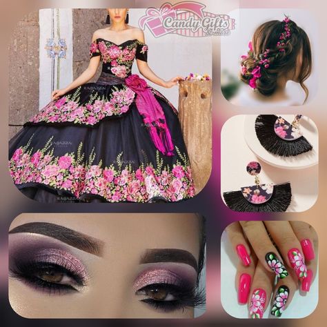 Black Charro Dress, Mexican Theme Quinceanera Decor, Quince Charro Theme, Black Quince Dress, Mexican Theme Dresses, Quince Dresses Charro, Charro Quince, Vestido Charro, Quinceanera Bouquet