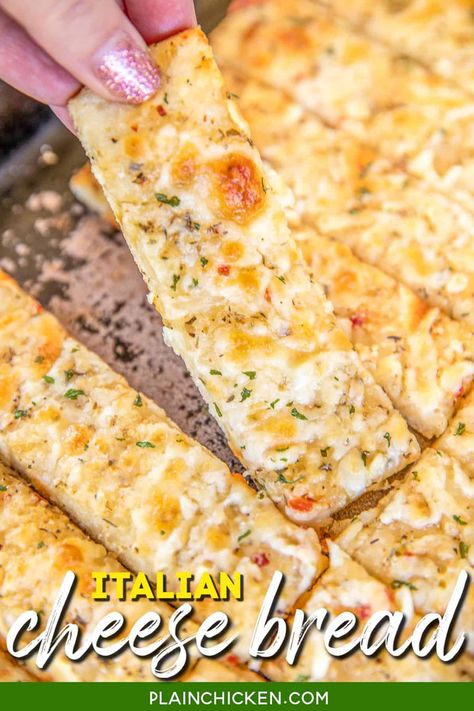 Italian Cheese Bread - so easy and ready to eat in 15 minutes! Pizza dough topped with Italian dressing, parmesan cheese, garlic, oregano, thyme, and mozzarella, Great as a dinner side dish or dipped in warm pizza sauce for an appetizer. #bread #mozzarella #italian Italian Cheese Bread, Appetizer Bread, Refrigerated Pizza Dough, Cheese Bread Recipe, Garlic Cheese Bread, Dinner Side, Plain Chicken, Garlic Cheese, Noodle Casserole