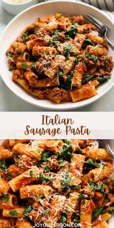 Italian Sausage Pasta - easy weeknight Italian pasta dinner recipe is such a yummy comfort food meal. Rigatoni pasta, Italian sausage and spinach tossed in a creamy sauce. Makes a great family meal and meal prep. Kielbasa Sausage Recipes, Italian Sausage Recipes Pasta, Sausage And Spinach, Rigatoni Recipes, Sausage Recipes For Dinner, Creamy Tomato Pasta, Sausage Dinner, Sausage Pasta Recipes, Italian Sausage Pasta