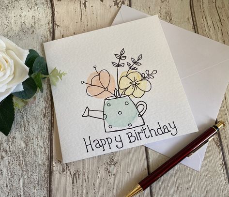 Hi I'm Melanie and I've hand painted and hand lettered these individual cards. They are painted in watercolour  Each card is 5"x5"(12.7cm x 12.7cm) and comes with it's own envelope and Poppies sticker clasp.   These are my stock cards but I can paint to order with a 1-2 day turnaround so if there's something you would like, or if you want a personalised custom card please message me and I'll do my best to fulfill your request.  The cards are blank inside but if you wish I can add a message insid Water Colored Birthday Cards, Watercolor Birthday Cards Ideas, Watercolour Birthday Cards Simple, Water Colour Birthday Cards, Homemade Happy Birthday Cards, Watercolour Cards Ideas, Card Art Ideas, Hand Painted Birthday Cards, Pretty Birthday Cards