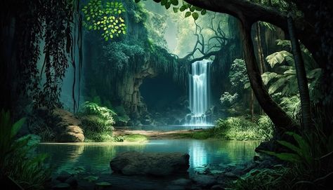 Jungle Waterfall Painting, Jungle Scenery Landscapes, Fantasy Waterfall Forest, Fantasy Jungle Art, Fantasy Background Landscape, Fantasy World Background, Fantasy Background Desktop, Forest Background Landscape, Forest With Waterfall