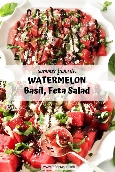 Appetizers With Watermelon, Watermelon Salad With Feta Cheese Balsamic, Watermelon Salad With Basil, Watermelon Salad With Balsamic Vinegar, Watermelon Feta Salad Balsamic, Watermelon Salad With Feta Cheese, Watermelon Appetizer, Vacation Recipes, Simple Appetizers