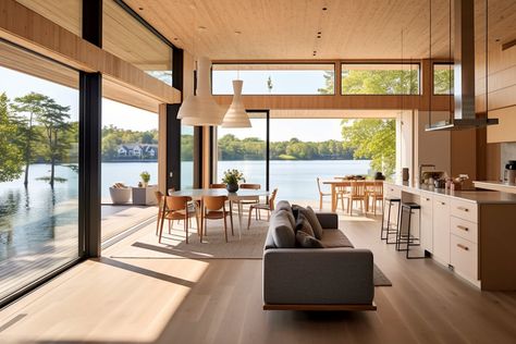 Scandinavian Modern lake house design minimalistic wood, clean lines, tranquil lakeside Lake House Windows, Lake House Design, Lake House Interior, Modern Lake House, Natural Living Room, Lake House Plans, Lake House Decor, Hus Inspiration, House Interiors