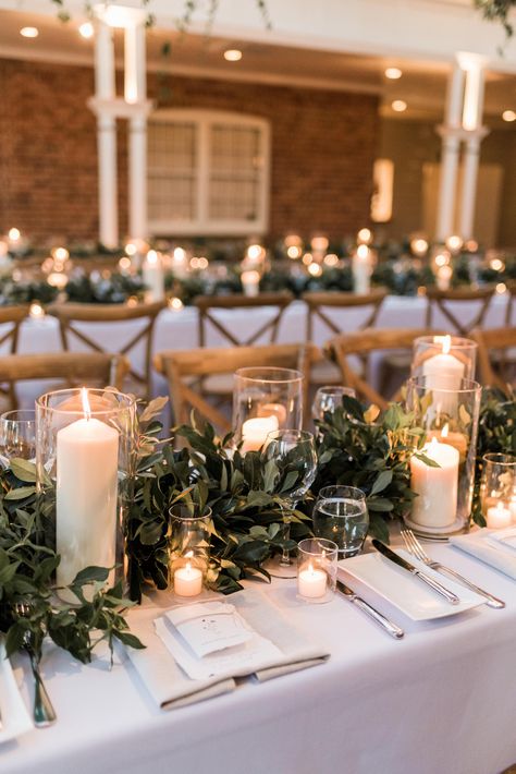 Foliage Runner Wedding, Christmas Wedding Table Runner, Foliage Wedding Table Decorations, Green Floral Table Runner, Green Wedding Centrepiece, Green Centrepiece Wedding, Modern Green Wedding Decor, Foliage Table Runner Wedding, Greens And Candles Wedding