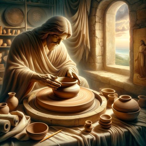 A serene, spiritual scene depicting the metaphor of God as the Potter, inspired by Isaiah 64:8. The setting is an ancient, tranquil pottery workshop, bathed in soft, warm light. In the center, a pair of hands, representing divine presence, gently shapes a clay vessel on a wooden potter's wheel. The scene conveys a sense of care, creation, and transformation. The background subtly includes... Potters Hands God, The Potter And The Clay, Potter Hands, Potter And Clay, Potters Hands, Jesus Gif, The Potter's Hand, Jesus Scriptures, Presence Of God