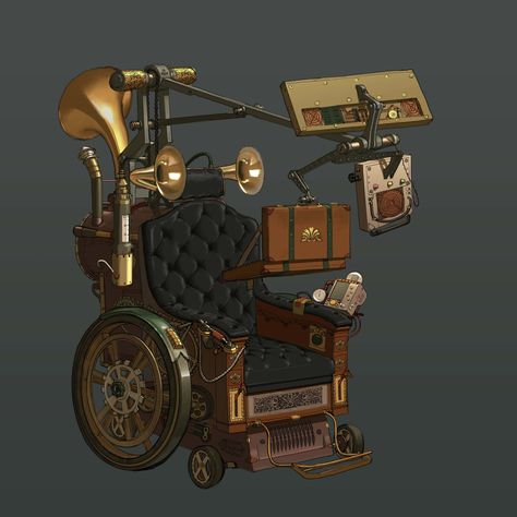 ArtStation - Steampunk chairs, HyeRim Hwang Steampunk Toymaker, Chair Concept Art, Steampunk Wheelchair, Steampunk Chair, Steampunk Props, Sculpt Ideas, Steampunk Vehicle, Steampunk Furniture, Steampunk Artwork