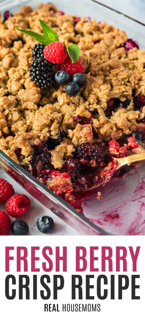 Fresh Berry Crisp is a beautiful and easy-to-make dessert bursting with fresh raspberries, blackberries, blueberries, and sweet oat topping! #Realhousemoms #freshberry #berrycrisp #raspberries #blackberries #blueberries #oats #dessert #potluck #summertime #memorialday #4thofjuly Berry Crisp With Fresh Berries, Blueberry Raspberry Crisp, Blackberry Crisp With Oatmeal, Recipes Using Fresh Blackberries, Fresh Berry Dessert Recipes, Raspberry And Blackberry Recipes, Easy Blackberry Dessert, Raspberry And Blueberry Recipes, Blackberries Recipes Easy