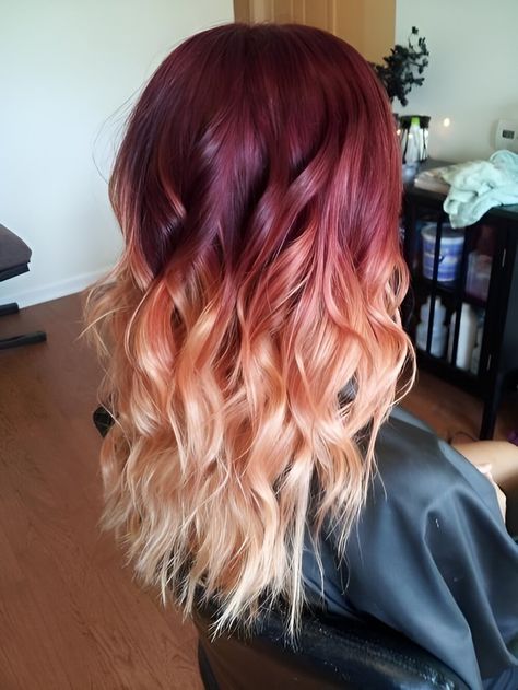 Maroon Blonde Balayage, Red Hair With White Tips, Black To Red To Blonde Ombre Hair, Blonde And Red Ombre Hair, Red Blonde Balayage Ombre, Red Hair Faded Into Blonde, Red Hair Blonde Balayage, Blonde To Red Ombre Hair, Dark Red To Blonde Ombre Hair