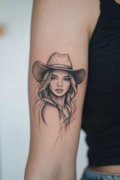 Tattoo of a woman wearing a cowboy hat on a person's arm. Cowboy Tattoo For Women, Cowboy Tattoo Ideas, Country Girl Tattoos, Western Motifs, Cowboy Tattoo, Lasso Rope, Barbed Wire Tattoos, Cyberpunk Tattoo, Horse Shoe Tattoo