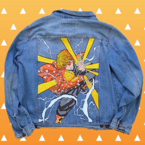 Anime Denim Jacket, Hand Painted Denim, Painted Clothes Diy, Jacket Ideas, Hand Painted Denim Jacket, One Piece Cartoon, Painted Denim Jacket, Demon Slayer Kimetsu No Yaiba, Painted Denim