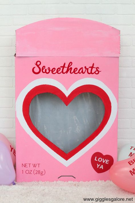 Diy cricut conversation heart candy box Sweethearts Box Diy, Valentines Diy Backdrop, Diy Large Conversation Hearts, Decorating With Bobo Balloons, Sweetheart Candy Box Diy, Diy Conversation Hearts Decorations, Valentines Conversation Hearts Decor, Conversation Hearts Party Decorations, Candy Hearts Birthday