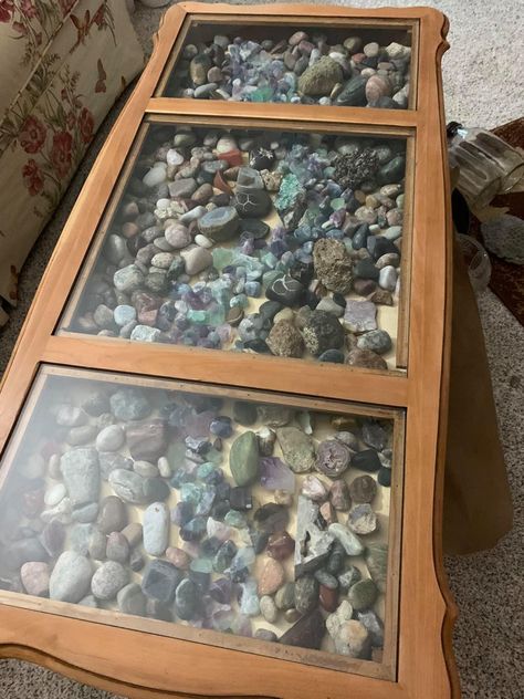 Collection Shelves, Crystal Collection Display, Rock Collection Display, Shadow Box Table, Shadow Box Coffee Table, Paint Stone, Rocks For Garden, Garden Rock Art, Display Coffee Table