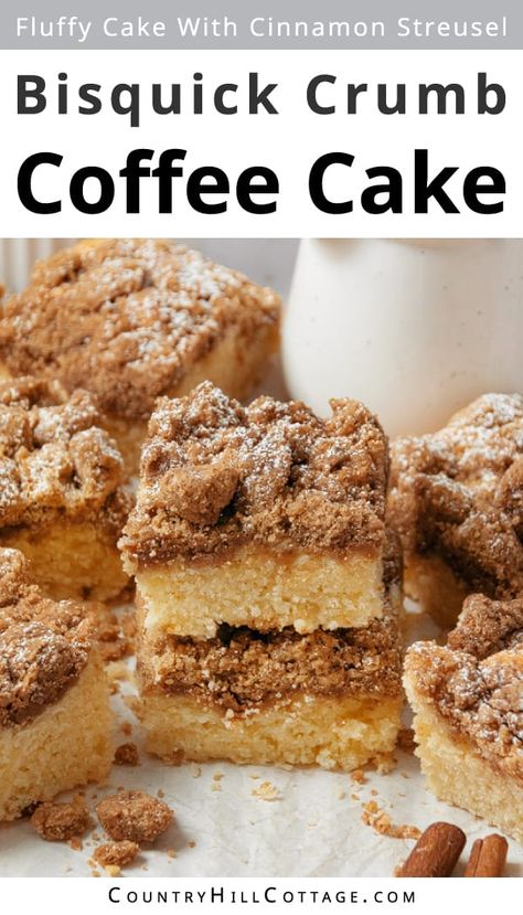 This moist Bisquick coffee cake is a quick and easy recipe you can put together in a pinch. Made with Bisquick baking mix, brown sugar, and butter, it takes just 20 minutes and 7 pantry staple ingredients to prepare this simple, soft and fluffy coffee crumb cake. You can whip it up whenever you’re in the mood for homemade cake. The Bisquick cinnamon streusel cake is perfect for breakfast, brunch and teatime, bring to a bake sale, but could also double as dessert. | CountryHillCottage.com Bisquick Sour Cream Coffee Cake, Bisquick Coffee Cake Recipe Sour Cream, Sour Cream Baking Recipes, Bisquick Coffee Cake, Bisquick Coffee Cake Recipe, Bisquick Mix Recipe, Wild Recipes, Baked Snacks, Crumb Cakes