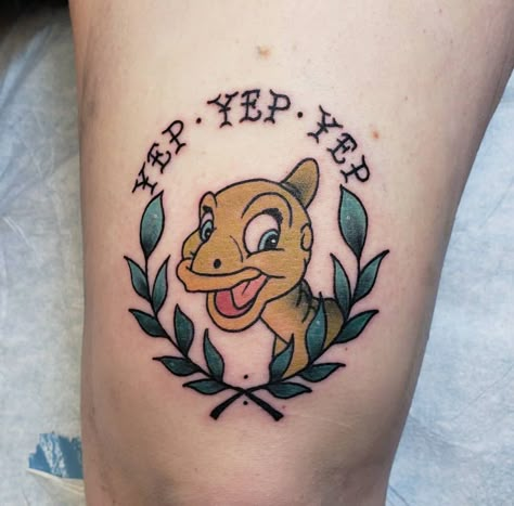 In love with my new tattoo! Done by Caitlin @ Blue Geisha Tattoo in Seattle #landbeforetime #yepyepyep #ducky Blues Clues Tattoo Ideas, Petrie Land Before Time Tattoo, Ducky Land Before Time Tattoo, Dragon Tales Tattoo, Ducky Land Before Time, Bluey Tattoos, Ducky Tattoo, Land Before Time Tattoo, Disney Sleeve Tattoos