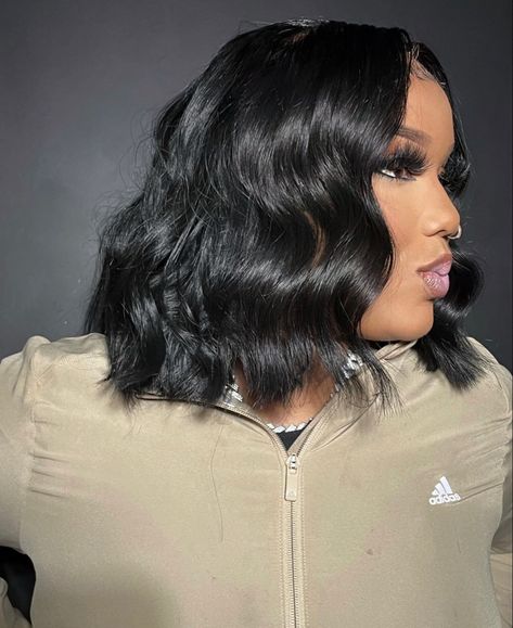 Middle Part Bob Black Women Curls, Middle Part Bob Beach Waves, Curled Bob Middle Part, Middle Part Bob With Curls Black Women, Middle Part Beach Waves Bob Black Women, Short Loose Curls Black Women, Bob Beach Waves Short, Short Beach Wave Hair, Beach Waves Bob Black Women