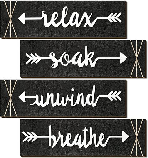 you will receive 4 pieces of farmhouse bathroom wall decorations, with each measures about 11.8 x 3.5 inch, which are one side printed with [Soak], [Relax], [Unwind], [Breathe], and the adequate quantity and different patterns provide you a wide choice for bathroom wall decor💕💕 Laundry Room Black, Rustic Farmhouse Bathroom Decor, Home Laundry Room, Bathroom Decor Wall Art, Relax Signs, Country Bathroom Decor, Bathroom Decor Wall, Bathroom Decor Signs, Rustic Farmhouse Bathroom