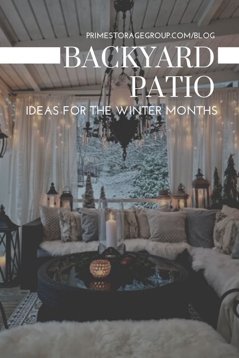 Winterizing Outdoor Patio, Winter Outdoor Space Patio, Outdoor Winter Gazebo Ideas, Winter Covered Patio, Cold Weather Patio Outdoor Spaces, Winter Patio Decor Outdoor Spaces, Outdoor Parties In Winter, Cozy Winter Porch Ideas, Winter Outdoor Living Space