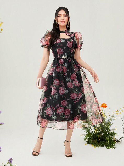 Multicolor Elegant Collar Short Sleeve Organza Floral,All Over Print A Line Embellished Non-Stretch  Women Clothing Black Floral Frock, Floral Organza Dress Western, Collar Frocks For Women, Organza Short Frocks For Women, Short Frock Designs For Women, Floral Frocks For Women, Short Frock Fashion, Organza Sleeves Design, Organza Dress Design