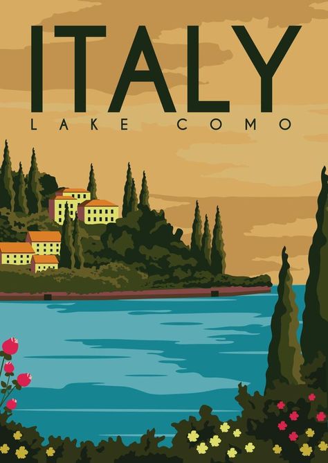 Italy Illustration, Comer See, Italy Poster, Italy Wall Art, San Paolo, Vintage Poster Design, Lake Como Italy, Como Italy, Italy Art