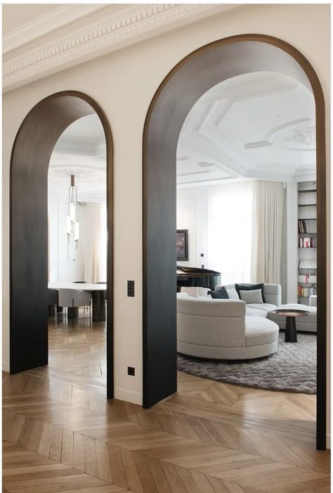 Arched Walkway Interior, Arches On Wall, Arch Design Living Room Modern, Tuscany House Interior, Arched Doorways Interior, Mediterranean Interior Design Style, Arched Entryway, Tuscany House, Interior Design Portfolio Layout