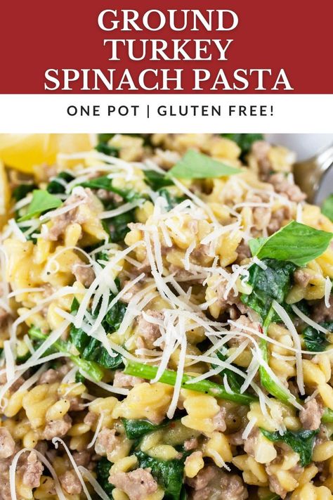 This Ground Turkey Spinach Pasta makes for a healthy weeknight dinner! It's ready in 30 minutes and made in one pot on the stove top. This pasta is made with ground turkey that's sautéed with garlic, shallots, and Italian seasoning. Gluten free orzo pasta is added, along with chicken broth, spinach, Parmesan cheese, and lemon zest. Garnish this dish with some lemon juice and freshly torn basil leaves or herbs of choice for a flavorful meal. One pot recipes mean easy cleanup! Italian Turkey Recipes Ground, Basil Dishes Healthy Recipes, Healthy Pasta With Ground Turkey, Turkey And Orzo Recipes, Ground Turkey Rice Noodle Recipes, Spinach Ground Turkey Recipes, Ground Turkey And Spinach Recipes Healthy, Turkey Orzo Recipes, Spinach And Ground Turkey Recipes