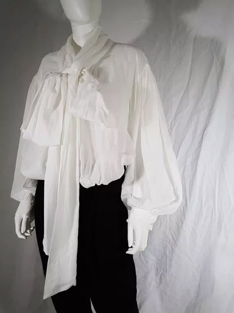 Dries Van Noten white poet blouse with long scarf collar | V A N II T A S Dark Prince Outfit, Pirate Core, Blouse Drawing, Poet Blouse, Prince Clothes, Poet Shirt, Blouse Man, Dark Academia Fashion, Balloon Sleeve Blouse