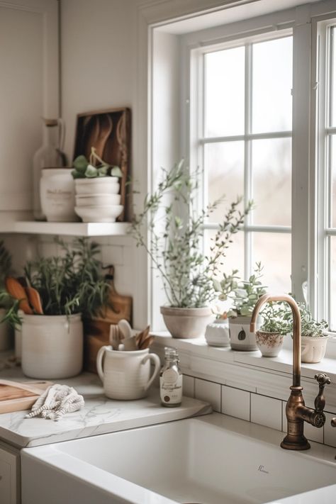 15 Easy Ideas for Kitchen Window Sills That Are Stylish Kitchen Sink No Window, Sink No Window, Kitchen Window Decor Over Sink, Kitchen Window Above Sink, Kitchen Window Sill Ideas, Big Kitchen Window, Window Over Kitchen Sink, Small Kitchen Window, Kitchen Window Decor