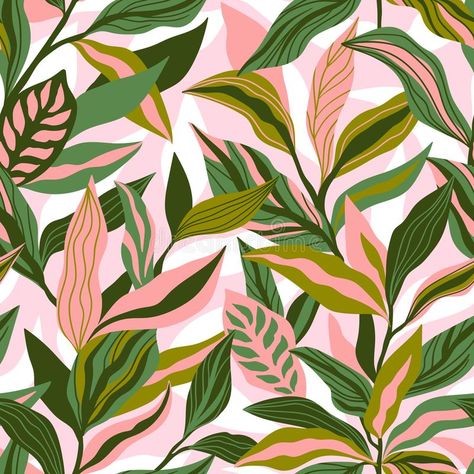 Tropical leaves hand drawn seamless pattern. Botanical trendy design in pink and green colors. Vector repeating design for fabric,. Wallpaper or wrap papers stock illustration Tropical Leaves Illustration, Tropical Prints Pattern, Autumn Leaves Wallpaper, Blush Wallpaper, Leaves Illustration, Textile Prints Design, Prints Design, Leaves Vector, Leaf Wallpaper