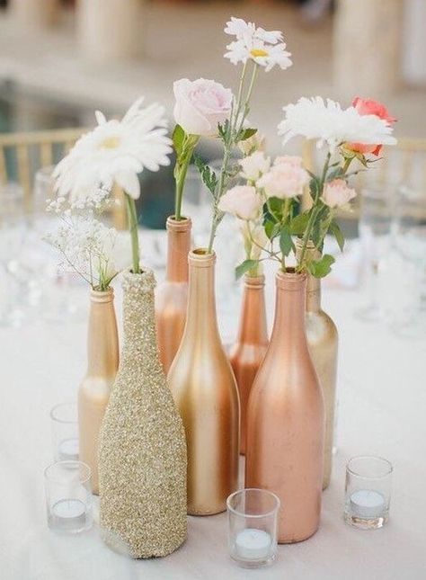 Gold Bottle Vases Centerpieces Vases Wedding Decor Gold | Etsy Bottle Vase Centerpiece, Wedding Punch, Centerpieces Vases, Vases Centerpieces, Glitter Vases, Vases Wedding, Gold Bottle, Bottle Vases, Graduation Party Centerpieces