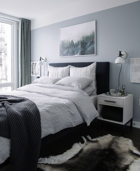 Bedroom Makeover: The Reveal - Bright Bazaar by Will Taylor see how reindeer rugs pair with grey walls ands stylish white ash bedside table! Relaxing Bedroom Colors, Brownstone Apartment, Light Blue Bedroom, Blue Gray Bedroom, Best Bedroom Colors, Grey Bedroom Decor, Bedroom Decor Inspiration, Relaxing Bedroom, Dekorasi Kamar Tidur