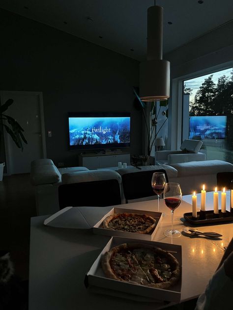 Pizza, wine, dinner Couple Movie Night Aesthetic, Twilight Movie Night, Wine Night Aesthetic, Couples Movie Night, October Moodboard, October Movies, Pizza And Wine, Date Night Movies, Movie Night Dinner