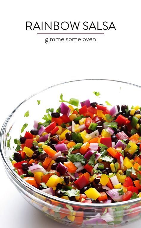 Cowboy Caviar, whatever you call it -- it's easy to make, and so fresh and tasty! Serve with baked sprouted-grain pita triangles, or just gobble it with a spoon. Rainbow Salsa, Salsa Easy, Resep Salad, Gimme Some Oven, Salsa Recipe, Aioli, Tortilla Chips, Dijon, Appetizer Snacks