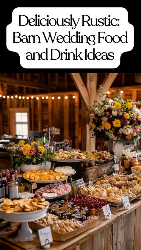 Rustic barn wedding food and drink spread with hearty dishes, sweet treats, and refreshing beverages for a countryside celebration. American Food Wedding Buffet, Food For Outdoor Wedding, Wedding Dinner Ideas Food Plated, Rustic Wedding Appetizer Table, Camping Wedding Food, Fall Wedding Snack Bar, Bbq For Wedding Reception, Rustic Charcuterie Board Ideas, Appetizer For Wedding Receptions