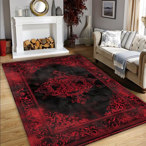 Turkish Rug, Red Black Rug, Faded Rug, Distressed Rug, Border Rug, Frame Rug, Rug For Living Room, Rug For Bedroom, Decorative Rug N00250 WARNING: 1.3x1.9 ft // 40x60cm is our smallest measurement. Make sure you choose the correct size before ordering. Hello Dear Customers, * We can print any print you want on the rug.    Our rugs have fringes. If you like to order a rug without fringes     please mention it in your order. * Hypoallergenic, quality printed, lint-free, washable. * You can make a difference in your home with rugs designed according to your taste. * Since these rugs do not have hair removal or similar disadvantages, you will not have all your energy, do not worry. *Our product is produced with 3D digital printing technology. * When you want to wash it, we recommend that you w Red And Black Rugs, Gothic Rugs For Living Room, Gothic Victorian Rug, Black And Red Home Decor, Bedroom Ideas Red And Black, Red And Black Living Room Ideas, Vampire Room Ideas, Red And Black Bedroom Ideas, Black And Red Bedroom