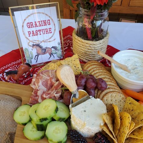 Rodeo Themed Birthday Party Food, Rodeo Themed Snacks Food Ideas, Western Food Ideas For Party, Western Rodeo Party, 50th Birthday Rodeo Theme, 3rd Cowboy Birthday, 1st Rodeo Party Food, Cowboy Birthday Food Ideas, Rustic Cowboy Birthday Party