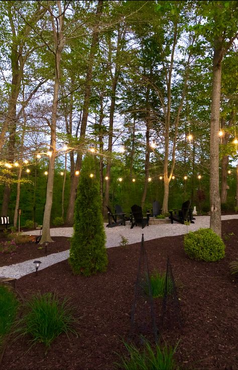 Large Wooded Backyard Landscaping, Landscape Ideas For 10 Acres, Garden Hang Out Area, Wooded Area Backyard, Wooded Backyard Playground, Backyard With Trees Ideas, Landscaping In The Woods Backyards, Acreage Backyard Ideas, Country Backyard Ideas Landscaping