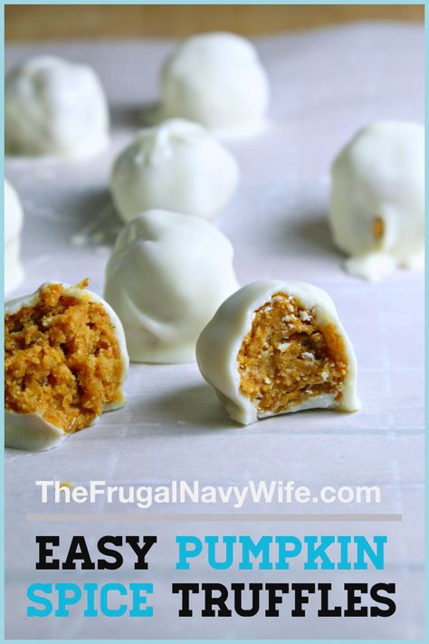 Every year I make these pumpkin spice truffles for friends and family and they are a huge hit. This is one of our favorite pumpkin recipes. #pumpkinspice #pumpkinrecipe #fallrecipe #frugalnavywife #dessert #truffles | Pumpkin Spice Recipes | Pumpkin Recipes | Fall Recipes | Truffle Recipes | Dessert Recipes | Easy Desserts | Easy Fall Desserts Pumpkin Spice Truffles, Easy Fall Desserts, Pumpkin Spice Recipes, Thanksgiving Dinner For Two, Pumpkin Truffles, Truffle Recipes, Fall Recipes Pumpkin, Dessert Truffles, Recipes Pumpkin