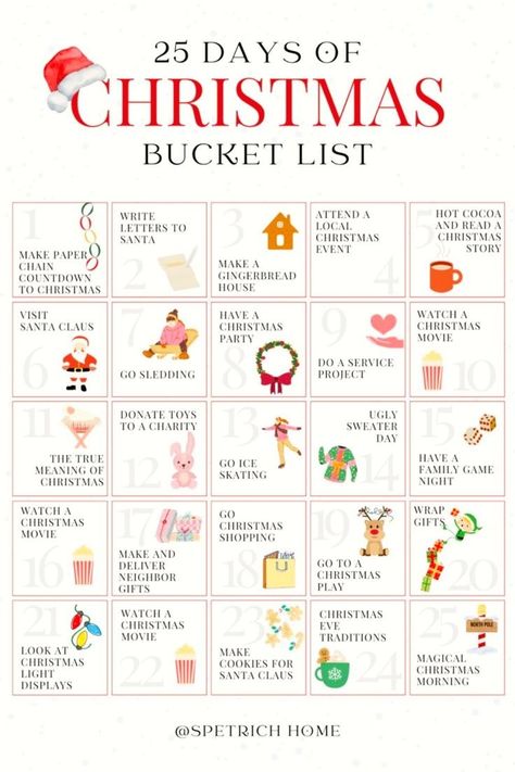 Make the most of the festive season with this 25 Days of Christmas Bucket List for Families! With ideas for kids, couples, and friends, this printable activity list will make your holiday season truly special. Get it now! Christmas Bucket List Best Friends, Couple Christmas Bucket List, December Christmas Activities, 30 Days Of Christmas Activities, Christmas Activities For Best Friends, Christmas Family Bucket List, Christmas Bucket List With Friends, Christmas Bucket List Family, 25 Days Of Christmas Ideas For Kids