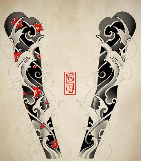 Japanese Sleeve Drawing, Japan Arm Tattoo, Dojo Tattoo, Yakuza Tattoo Design Japanese Style, Japanese Sleeve Tattoo Design, Japanese Tattoo Art Leg, Neo Traditional Japanese, Irezumi Sleeve, Japanese Wave Tattoos