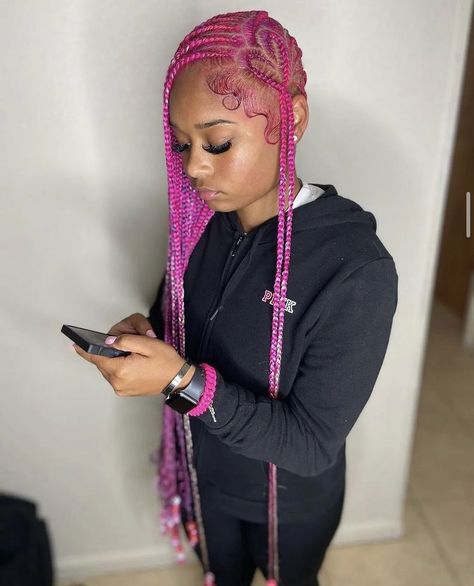 Blue Straight Back Braids, Pink Straight Back Braids, Pink Stitch Braids, Pink Braids Hairstyles, Pink Lemonade Braids, Lemonade Braids With Heart, Pink Braids, Lemonade Braids Hairstyles, Half Up Half Down Hairstyle