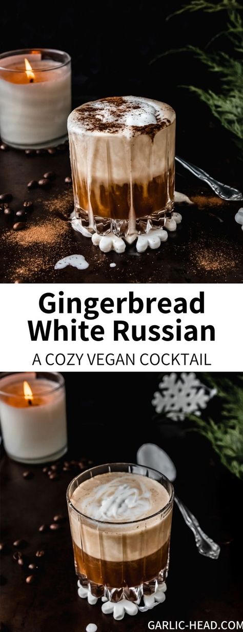 Vegan Drinks Alcohol, Christmas Kahlua Drinks, Cozy Alcoholic Drinks, Vegan Cocktail Recipes, Vegan Christmas Drinks, Gingerbread Alcoholic Drinks, Vegan Christmas Cocktails, Gingerbread White Russian, Winter Cocktails Vodka