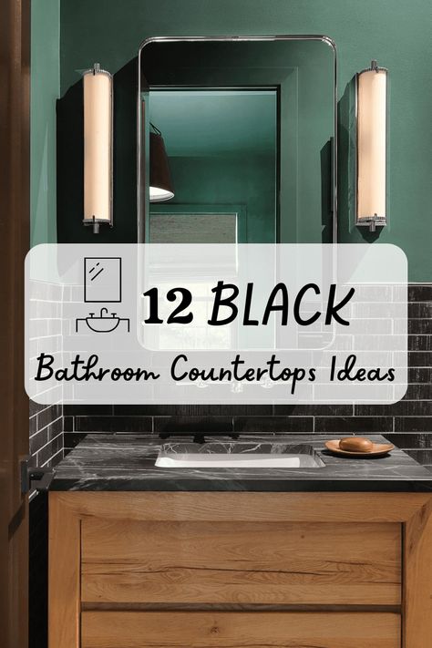 Black Countertops Bathroom Ideas, Vanities With Black Countertops, Black Countertop In Bathroom, Black Countertop White Cabinet Bathroom, Black Concrete Countertops Bathroom, Black Bathroom Vanity Countertop, Matte Black Bathroom Countertop, Bathroom Interior Design Dark Countertop, Black Bath Countertop